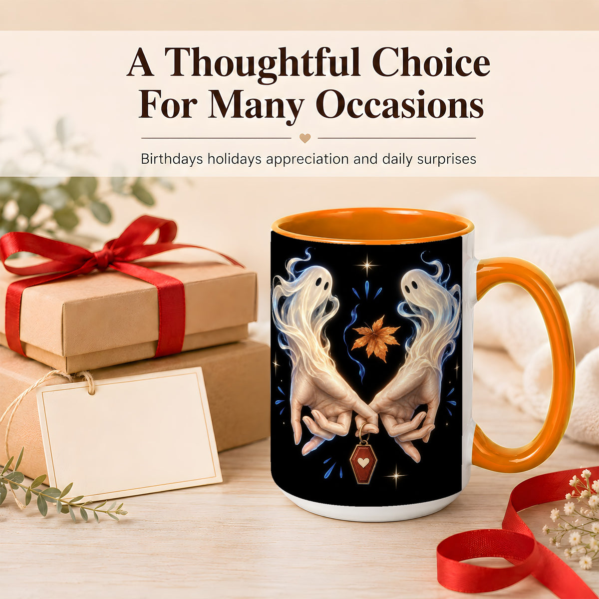 #pl[15oz|Orange] Ghost Hands Coffee Mug, Autumn Spirit Mug, Ceramic Cup