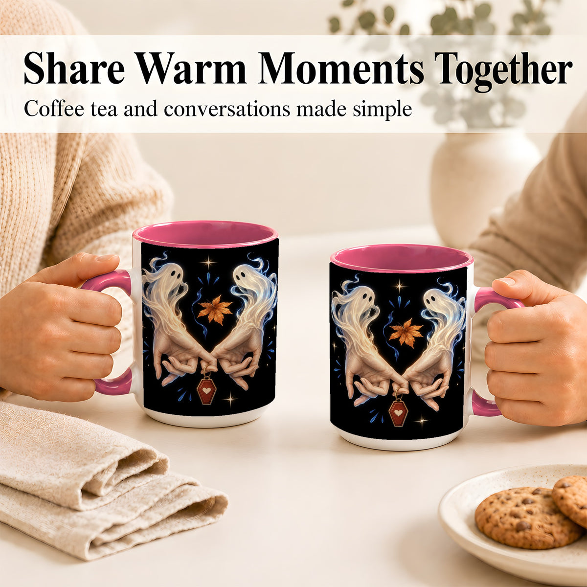 #pl[15oz|Pink] Ghost Hands Coffee Mug, Autumn Spirit Mug, Ceramic Cup