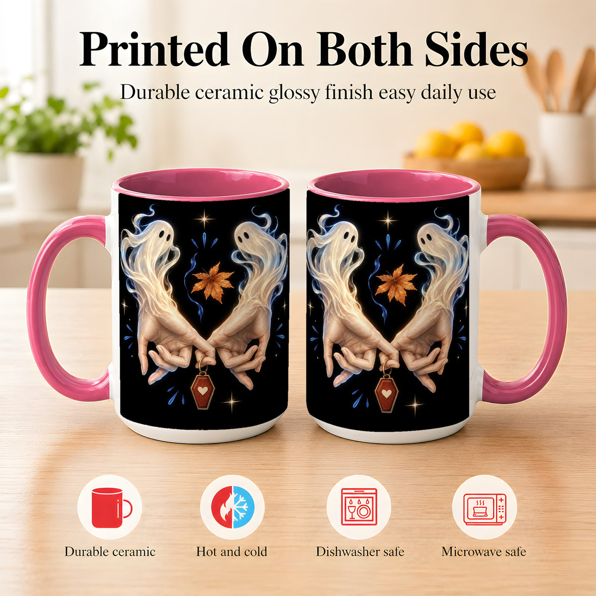 #pl[15oz|Pink] Ghost Hands Coffee Mug, Autumn Spirit Mug, Ceramic Cup