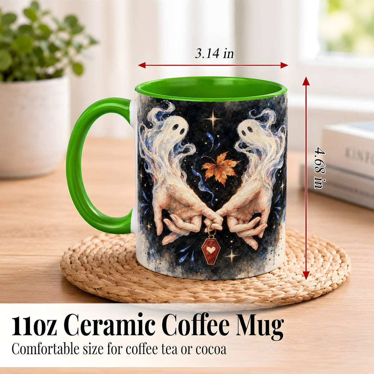 #pl[11oz|Green] Watercolor Ghost Coffee Mug, Autumn Spirit Mug, Ceramic Cup