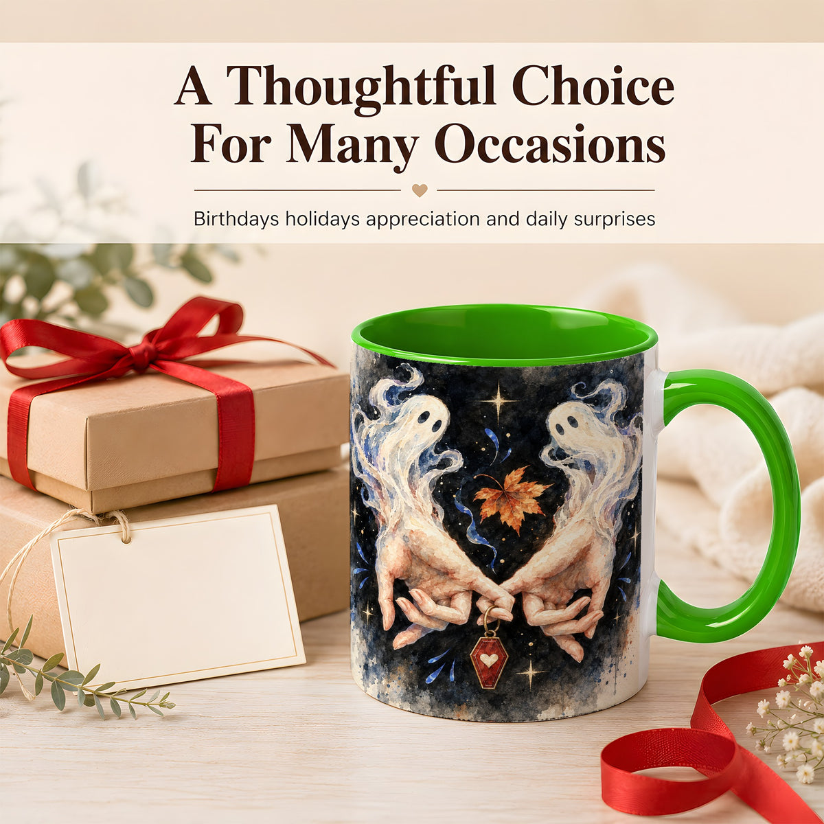 #pl[11oz|Green] Watercolor Ghost Coffee Mug, Autumn Spirit Mug, Ceramic Cup