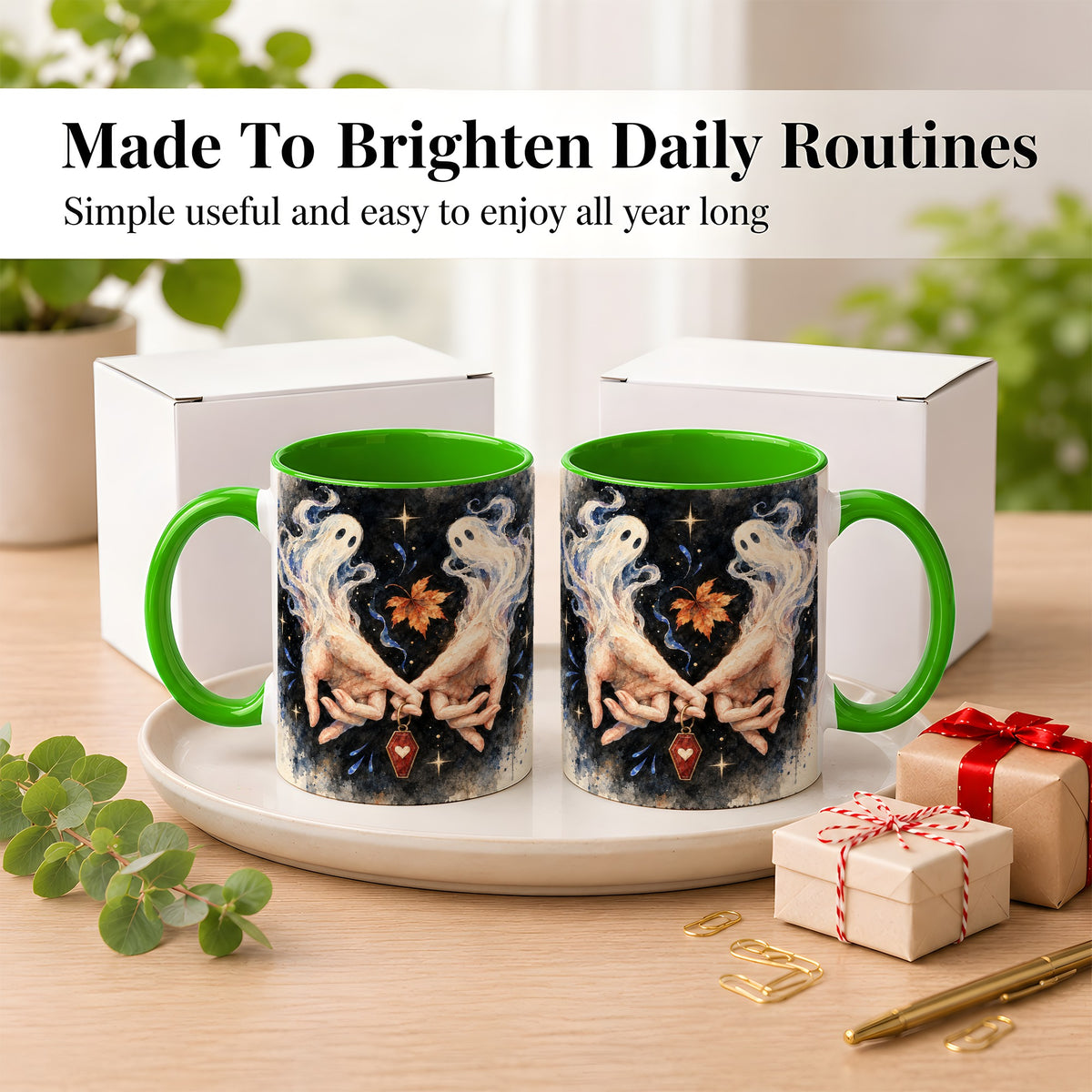 #pl[11oz|Green] Watercolor Ghost Coffee Mug, Autumn Spirit Mug, Ceramic Cup