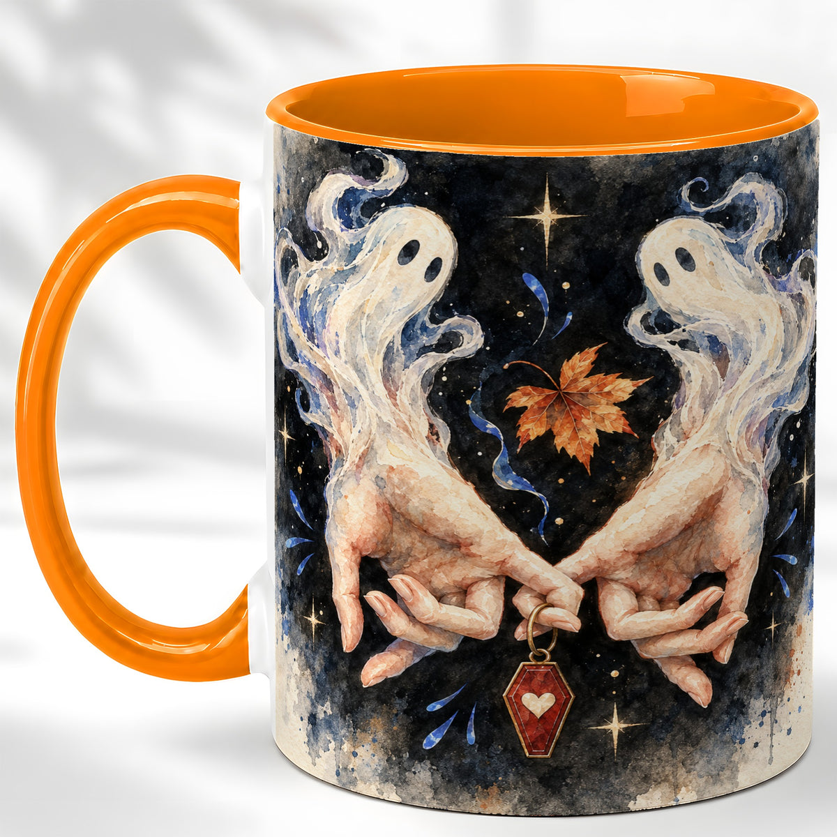 #pl[11oz|Orange] Watercolor Ghost Coffee Mug, Autumn Spirit Mug, Ceramic Cup
