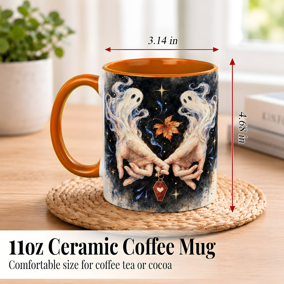 #pl[11oz|Orange] Watercolor Ghost Coffee Mug, Autumn Spirit Mug, Ceramic Cup