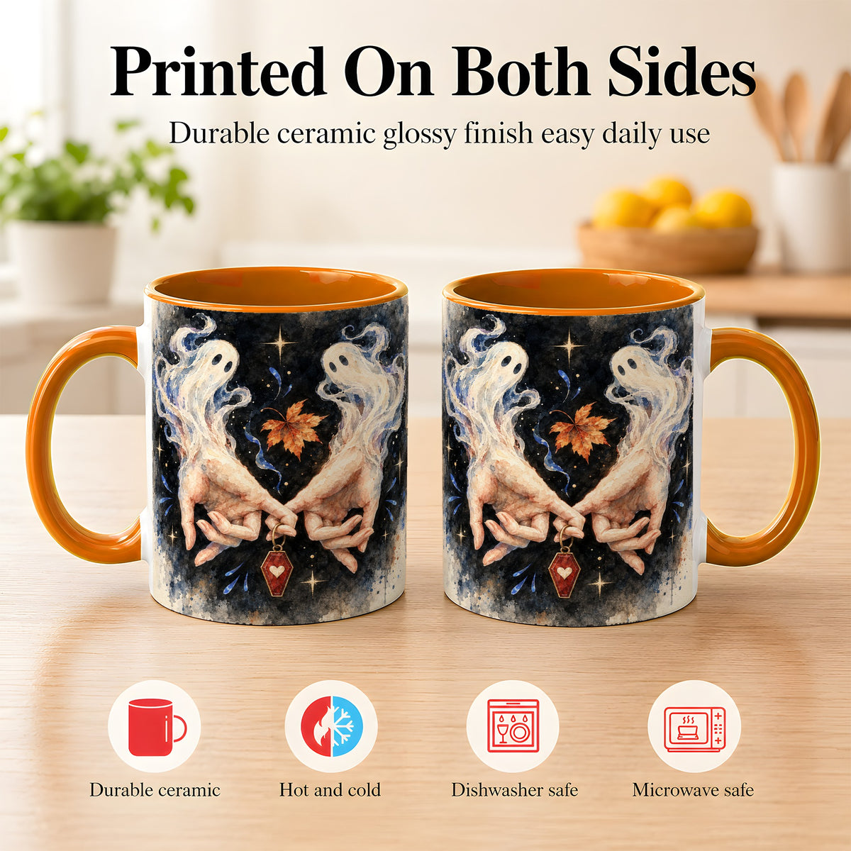 #pl[11oz|Orange] Watercolor Ghost Coffee Mug, Autumn Spirit Mug, Ceramic Cup