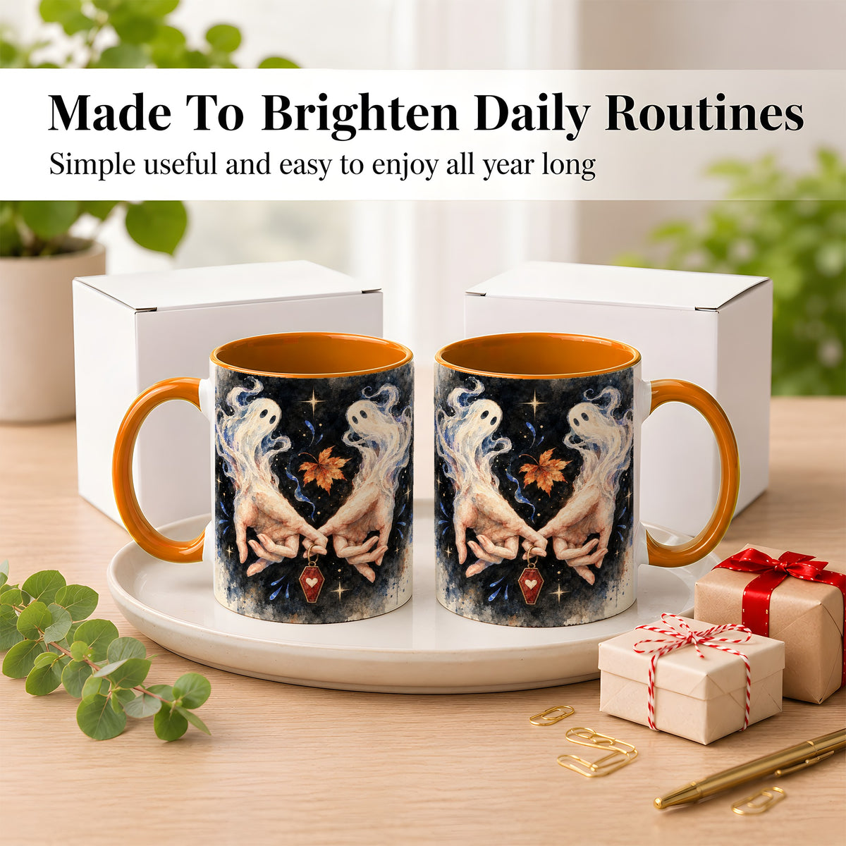 #pl[11oz|Orange] Watercolor Ghost Coffee Mug, Autumn Spirit Mug, Ceramic Cup