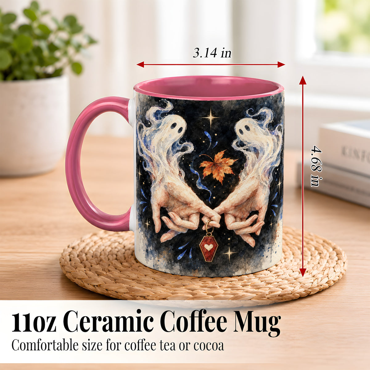 #pl[11oz|Pink] Watercolor Ghost Coffee Mug, Autumn Spirit Mug, Ceramic Cup