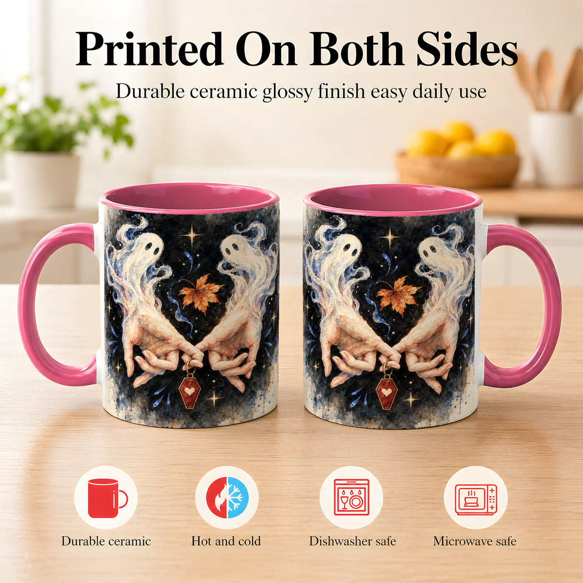 #pl[11oz|Pink] Watercolor Ghost Coffee Mug, Autumn Spirit Mug, Ceramic Cup
