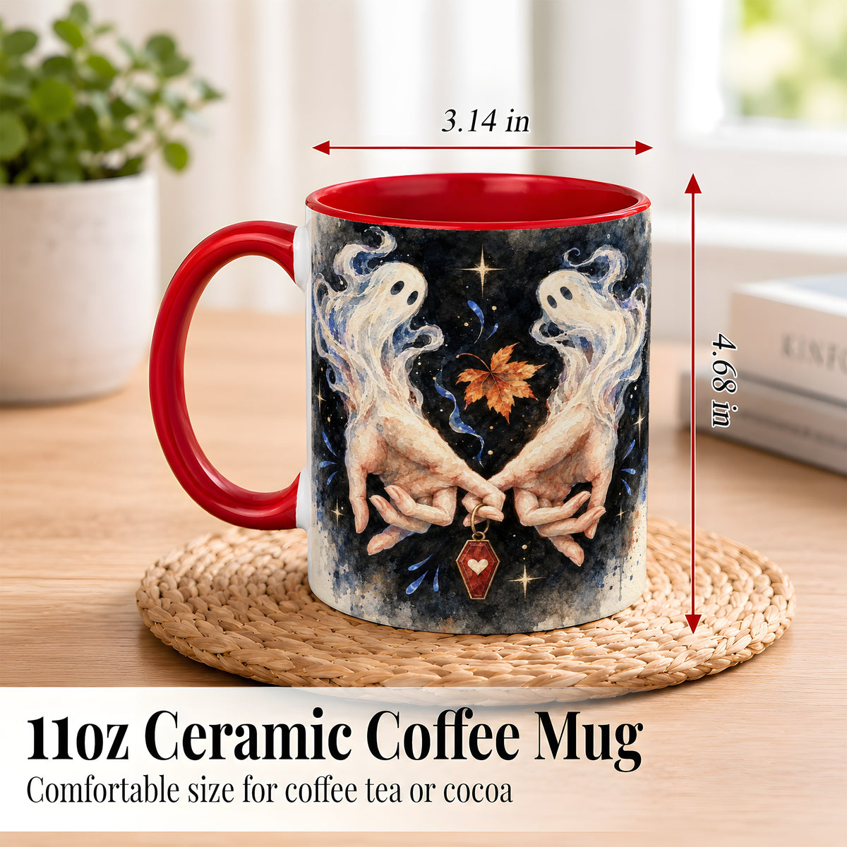 #pl[11oz|Red] Watercolor Ghost Coffee Mug, Autumn Spirit Mug, Ceramic Cup