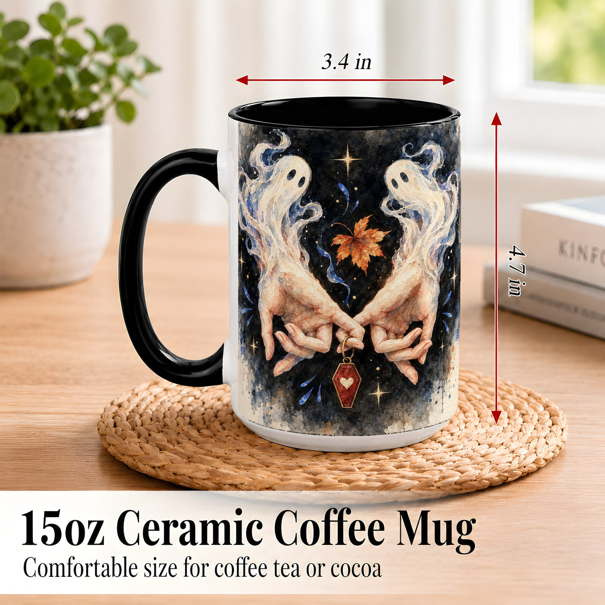 #pl[15oz|Black] Watercolor Ghost Coffee Mug, Autumn Spirit Mug, Ceramic Cup