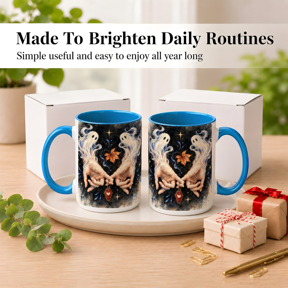 #pl[15oz|Blue] Watercolor Ghost Coffee Mug, Autumn Spirit Mug, Ceramic Cup