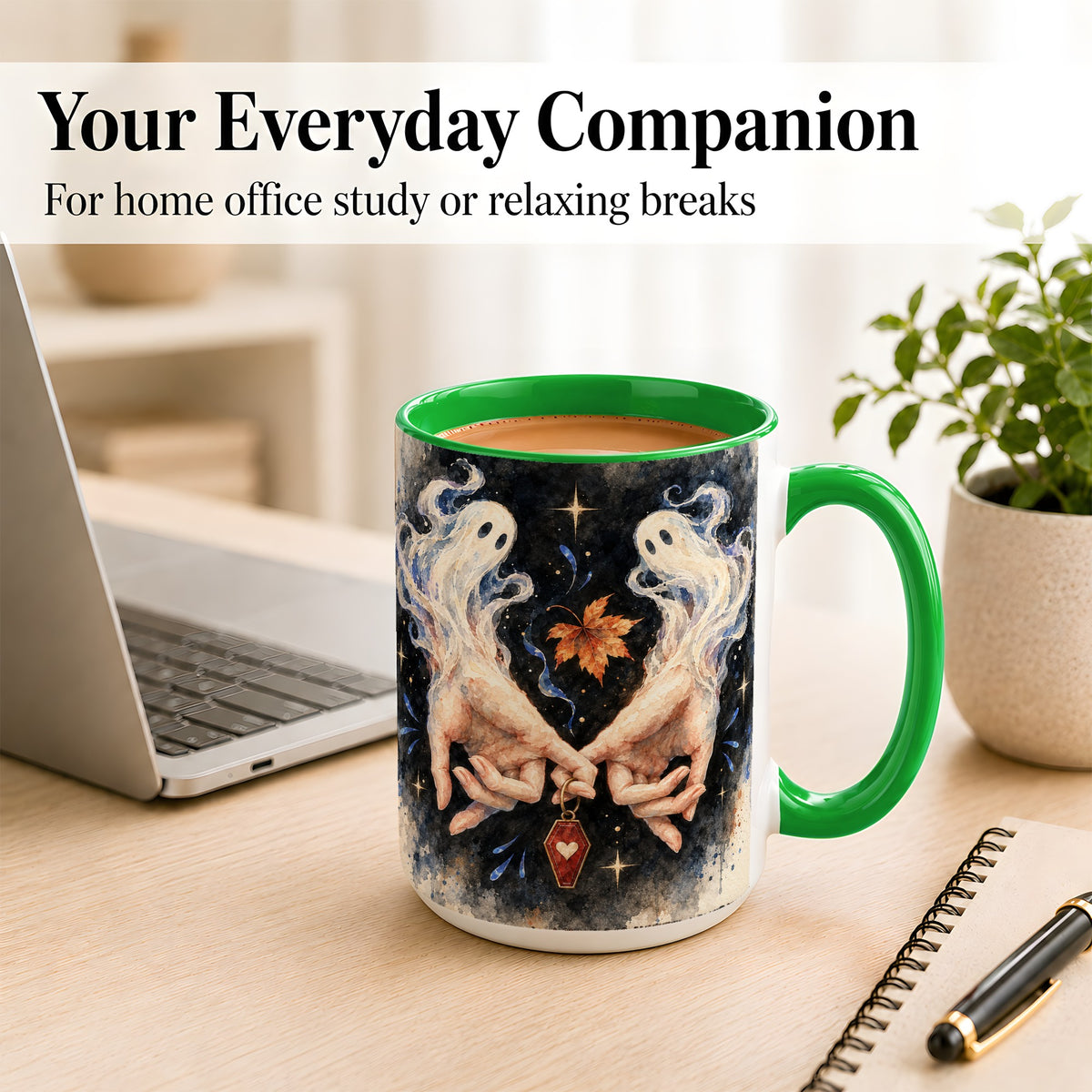 #pl[15oz|Green] Watercolor Ghost Coffee Mug, Autumn Spirit Mug, Ceramic Cup