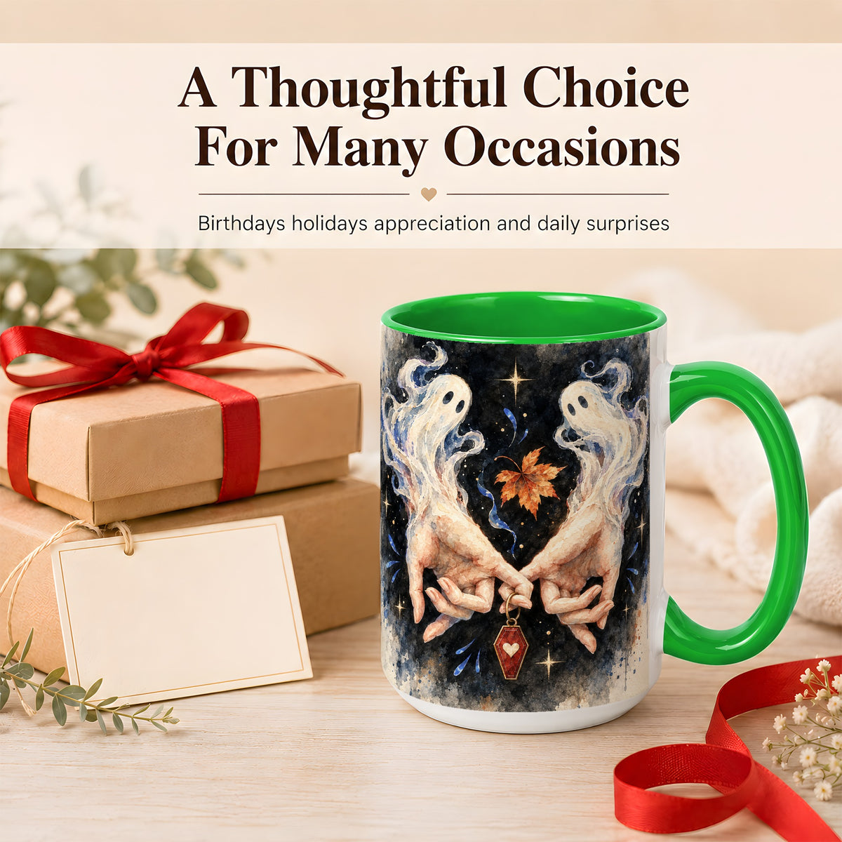 #pl[15oz|Green] Watercolor Ghost Coffee Mug, Autumn Spirit Mug, Ceramic Cup