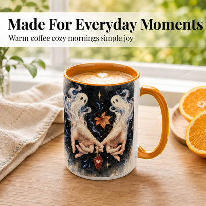 #pl[15oz|Orange] Watercolor Ghost Coffee Mug, Autumn Spirit Mug, Ceramic Cup