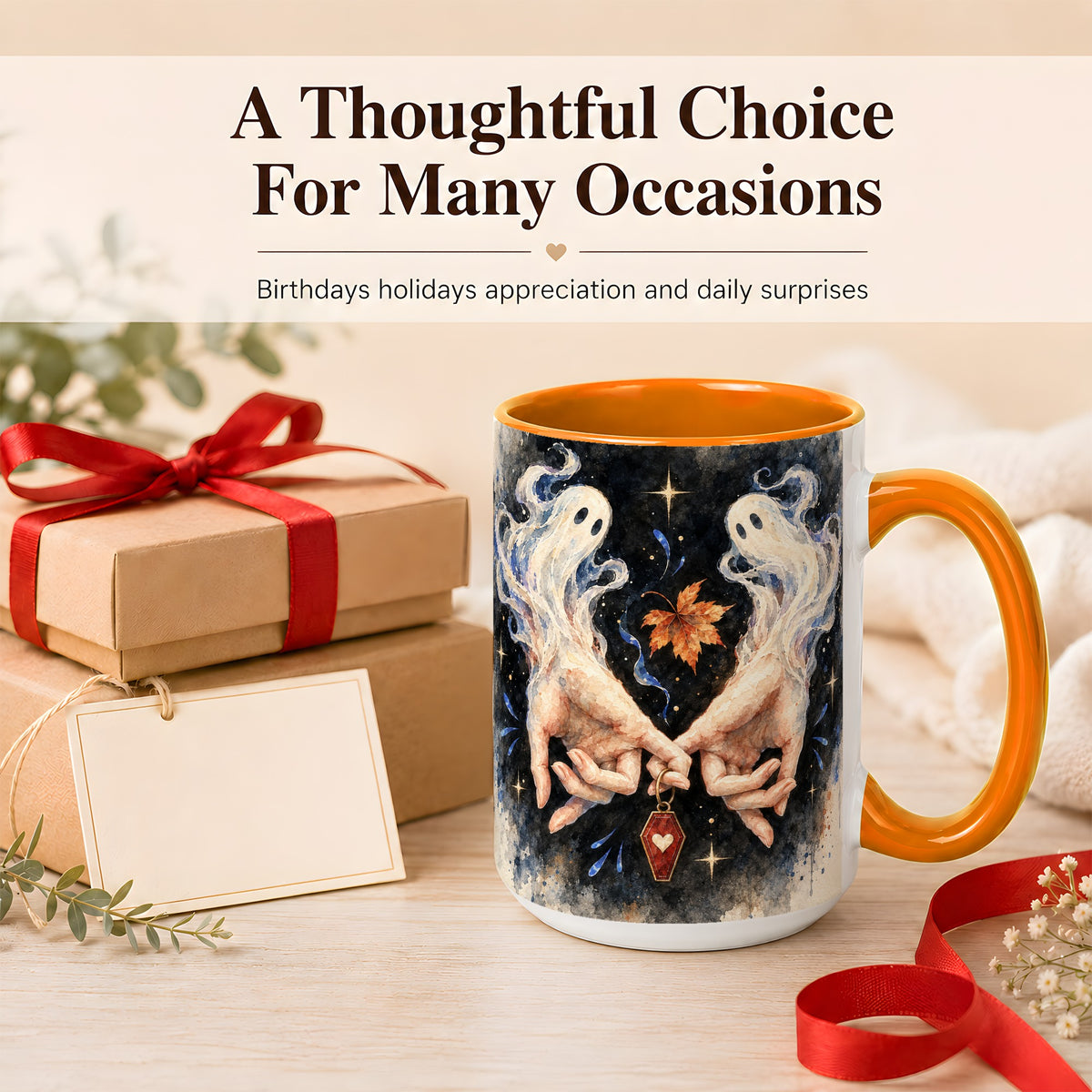 #pl[15oz|Orange] Watercolor Ghost Coffee Mug, Autumn Spirit Mug, Ceramic Cup