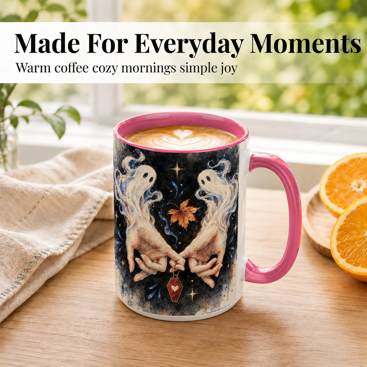 #pl[15oz|Pink] Watercolor Ghost Coffee Mug, Autumn Spirit Mug, Ceramic Cup