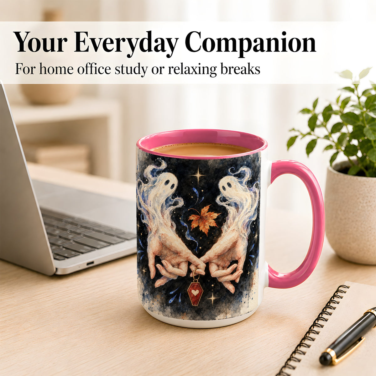 #pl[15oz|Pink] Watercolor Ghost Coffee Mug, Autumn Spirit Mug, Ceramic Cup