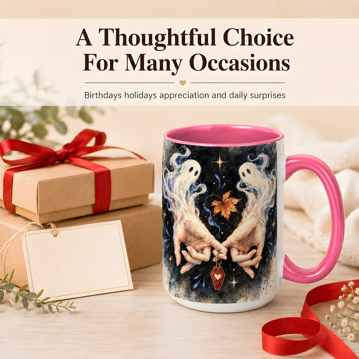 #pl[15oz|Pink] Watercolor Ghost Coffee Mug, Autumn Spirit Mug, Ceramic Cup