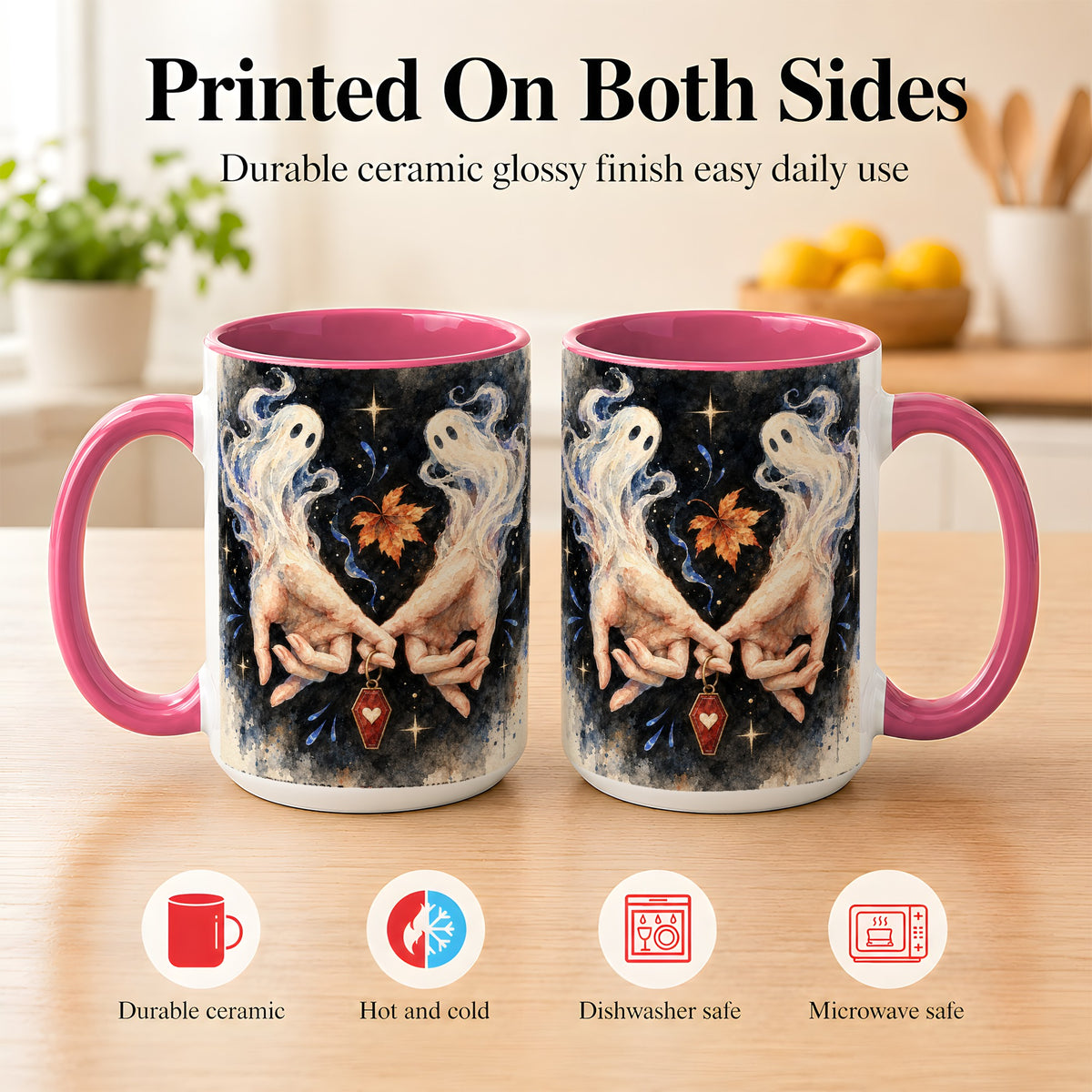 #pl[15oz|Pink] Watercolor Ghost Coffee Mug, Autumn Spirit Mug, Ceramic Cup