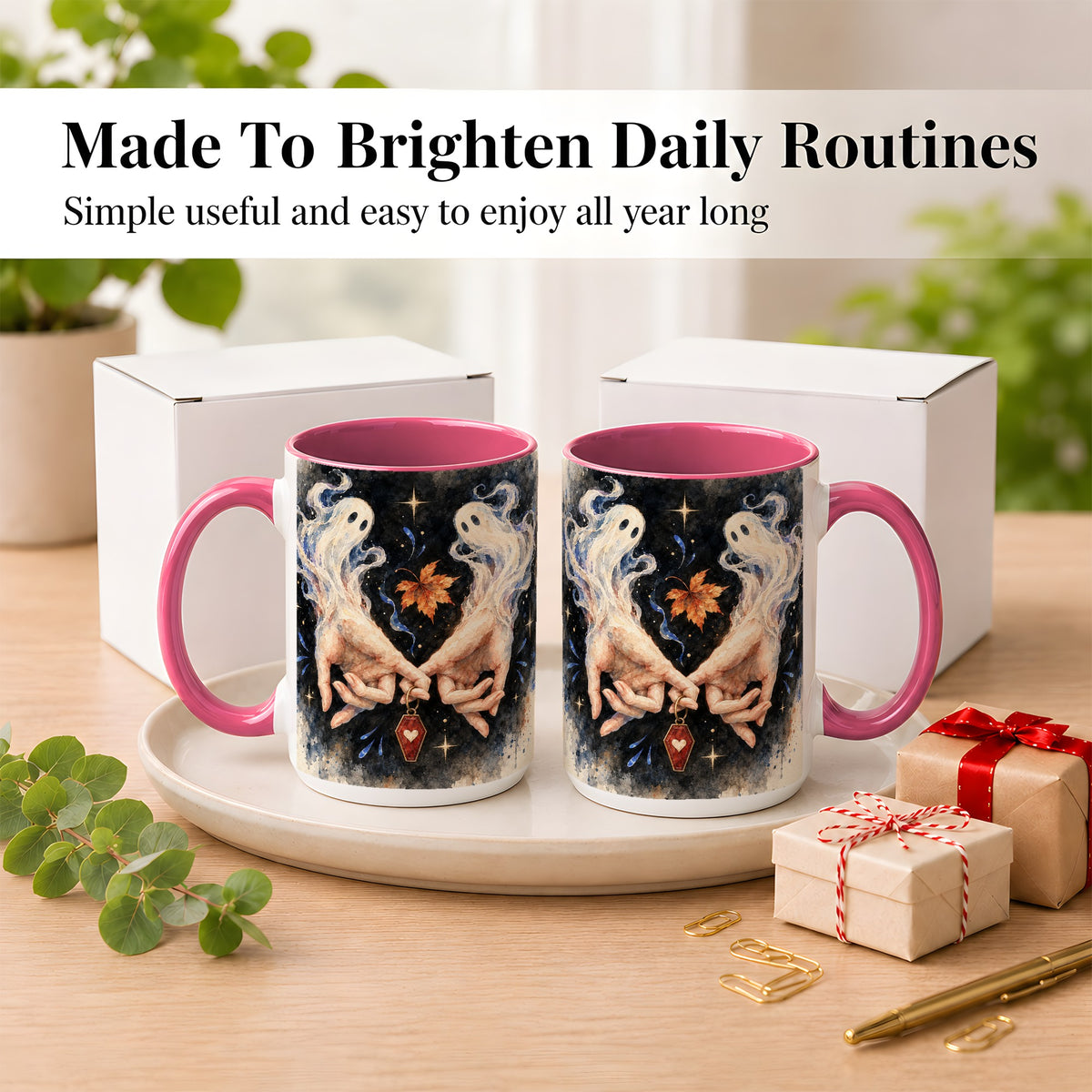 #pl[15oz|Pink] Watercolor Ghost Coffee Mug, Autumn Spirit Mug, Ceramic Cup