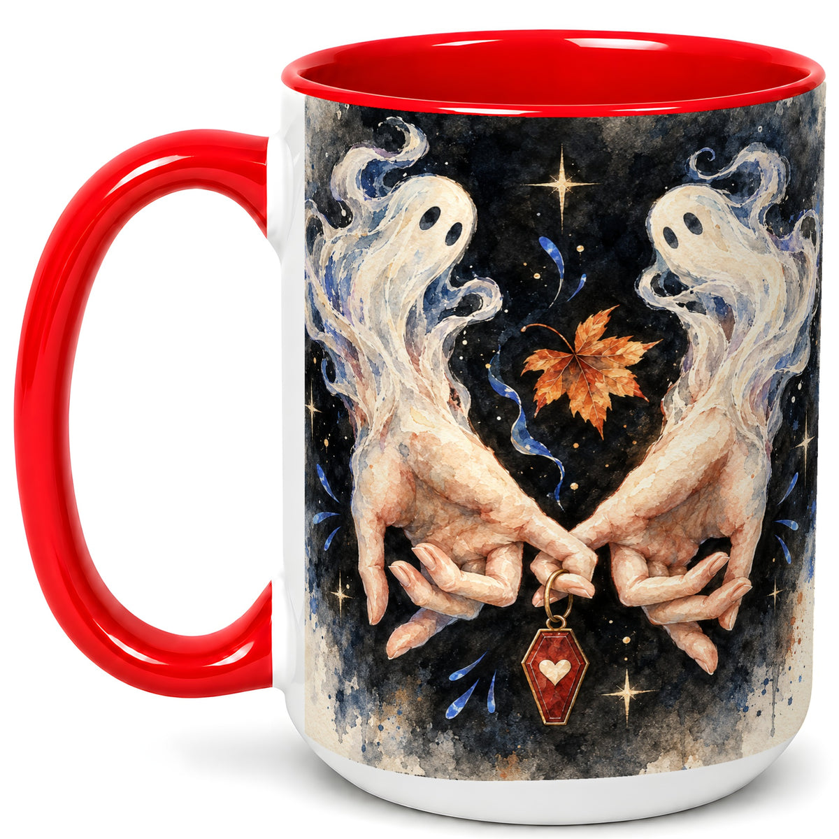 #pl[15oz|Red] Watercolor Ghost Coffee Mug, Autumn Spirit Mug, Ceramic Cup