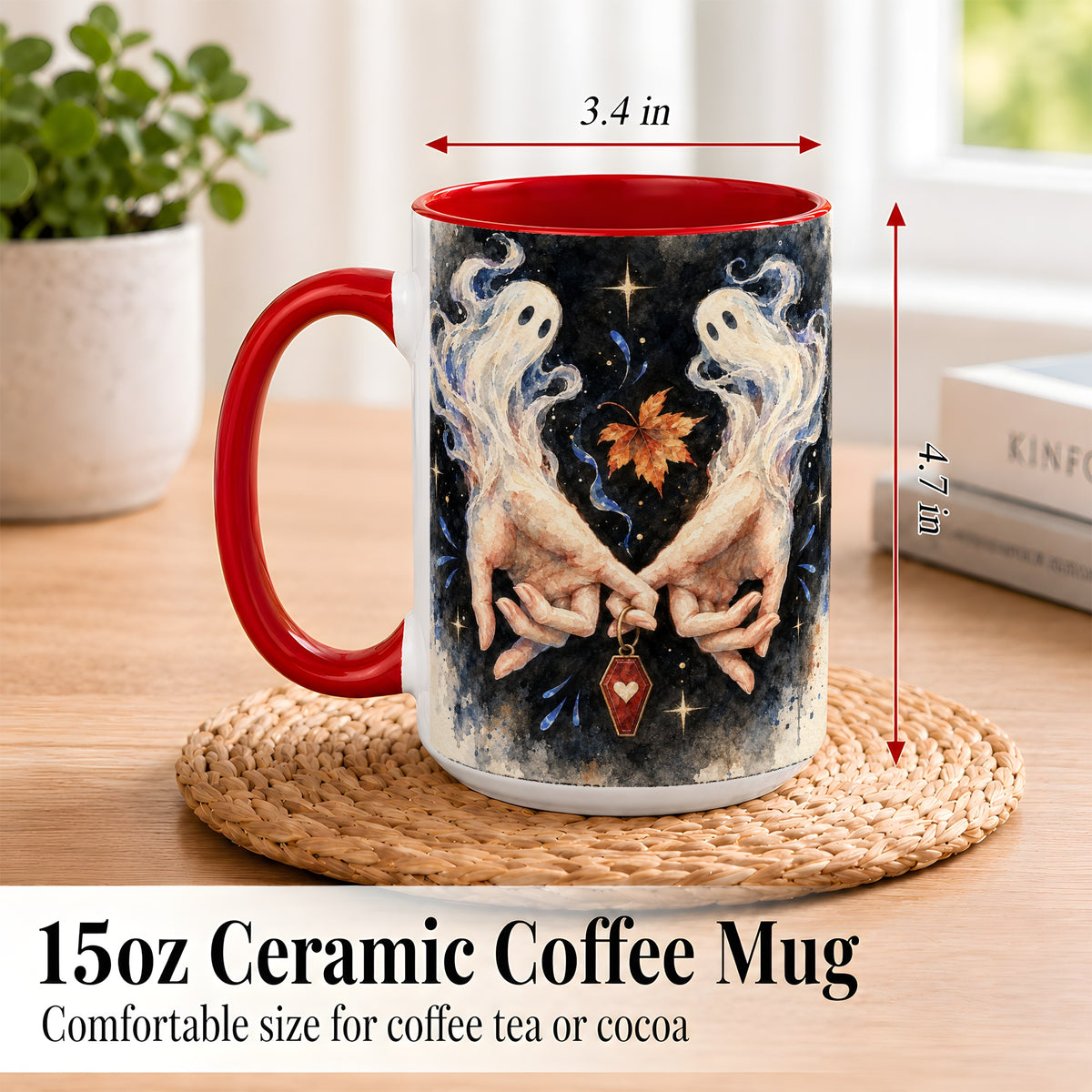 #pl[15oz|Red] Watercolor Ghost Coffee Mug, Autumn Spirit Mug, Ceramic Cup