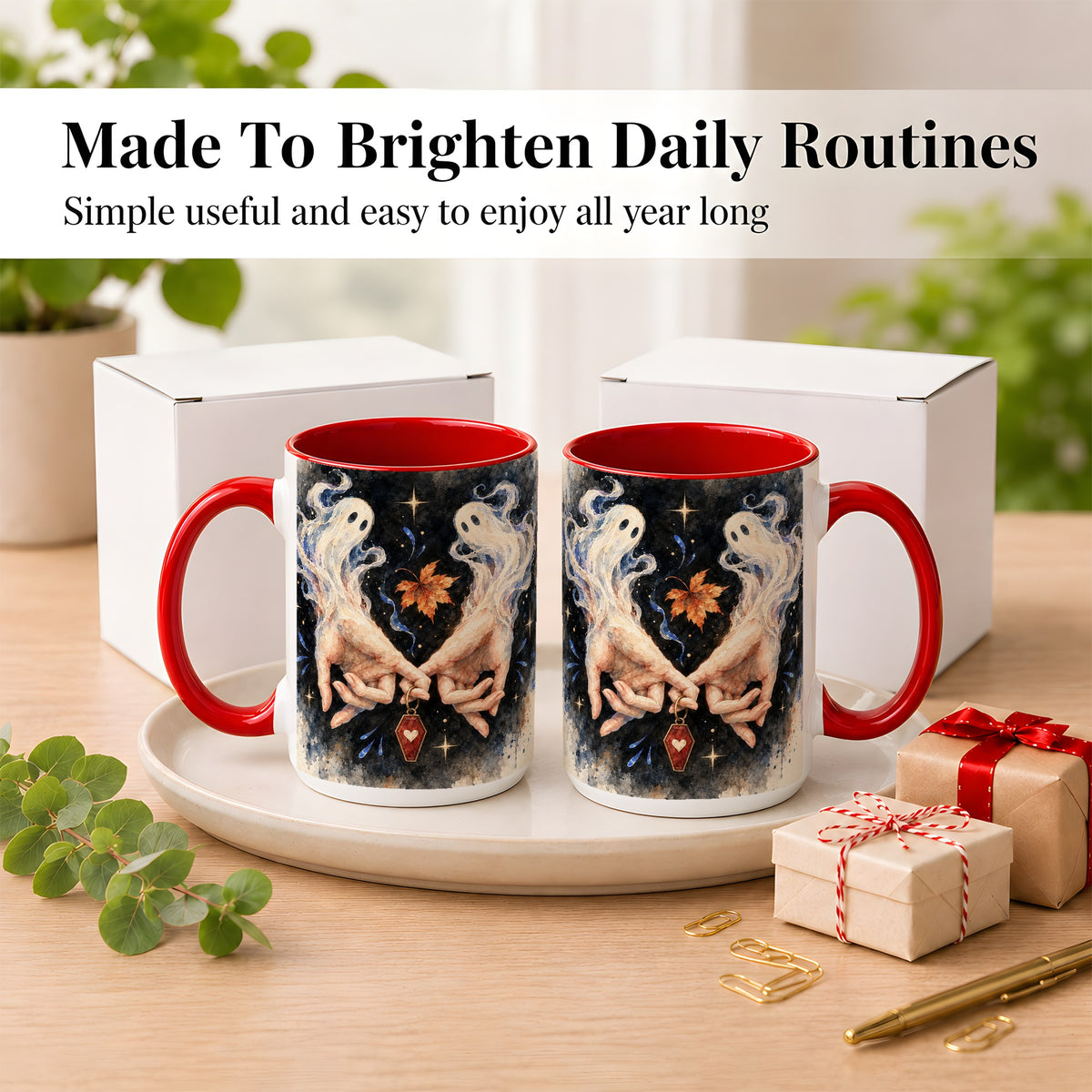 #pl[15oz|Red] Watercolor Ghost Coffee Mug, Autumn Spirit Mug, Ceramic Cup