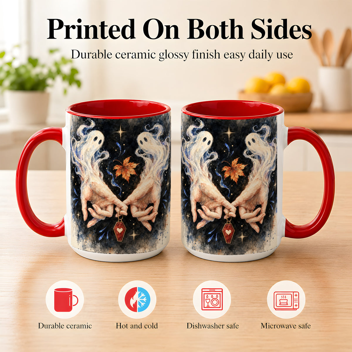 #pl[15oz|Red] Watercolor Ghost Coffee Mug, Autumn Spirit Mug, Ceramic Cup
