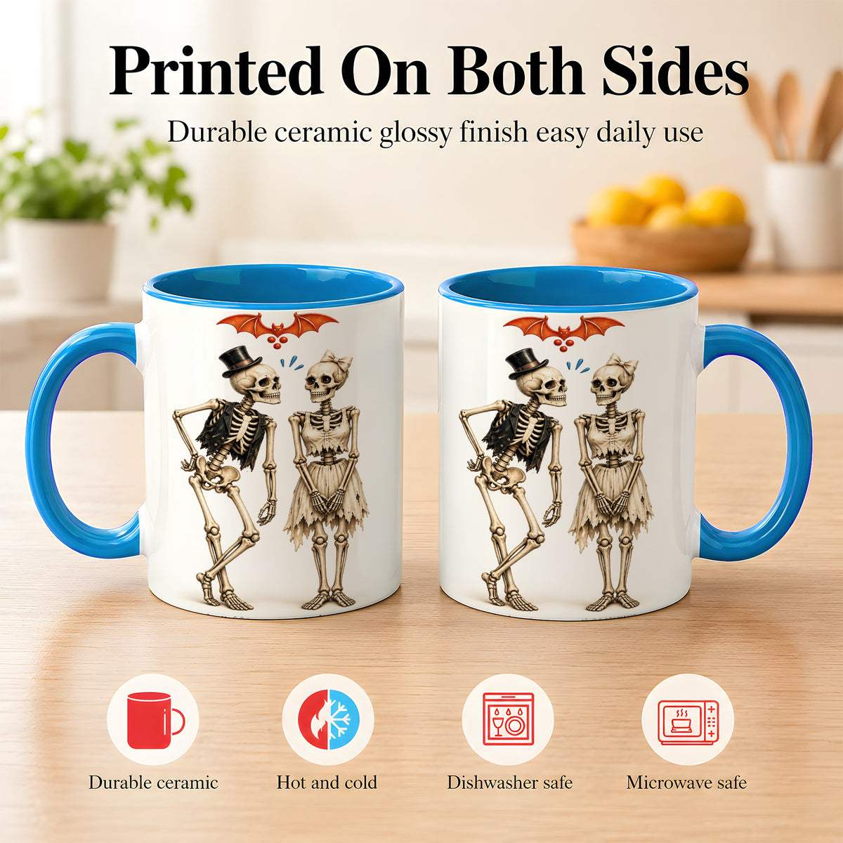 #pl[11oz|Blue] Skeleton Couple Coffee Mug, Gothic Romance Mug, Ceramic Cup