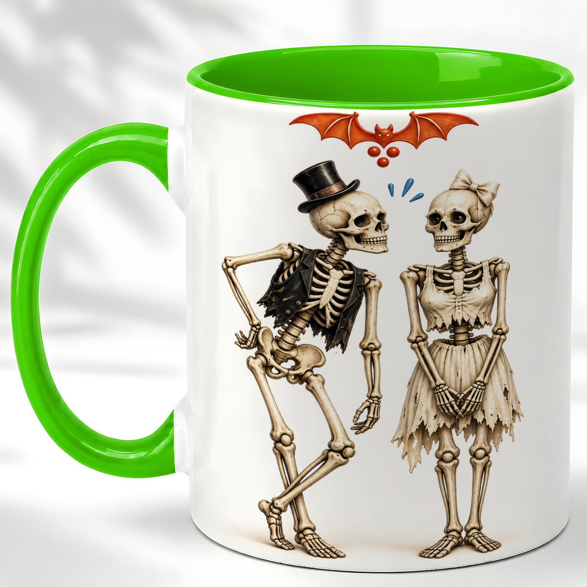 #pl[11oz|Green] Skeleton Couple Coffee Mug, Gothic Romance Mug, Ceramic Cup