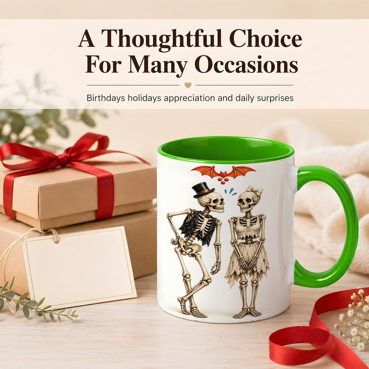 #pl[11oz|Green] Skeleton Couple Coffee Mug, Gothic Romance Mug, Ceramic Cup