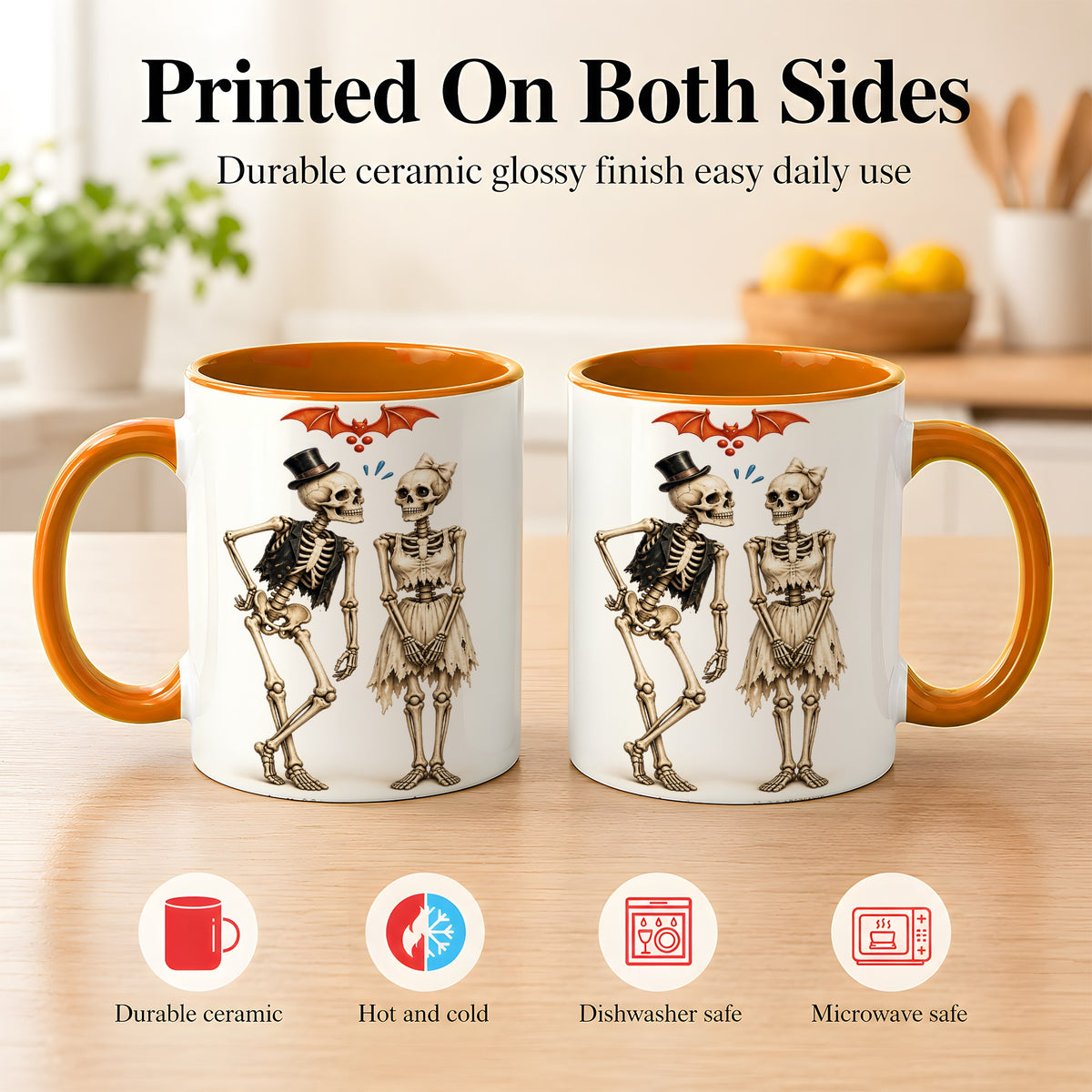 #pl[11oz|Orange] Skeleton Couple Coffee Mug, Gothic Romance Mug, Ceramic Cup
