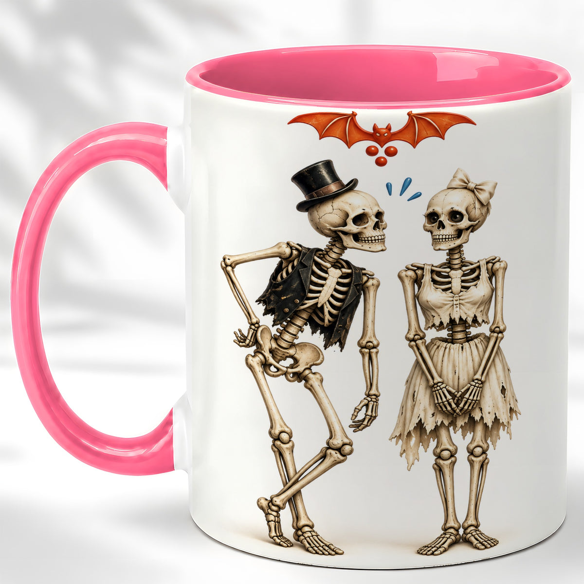 #pl[11oz|Pink] Skeleton Couple Coffee Mug, Gothic Romance Mug, Ceramic Cup