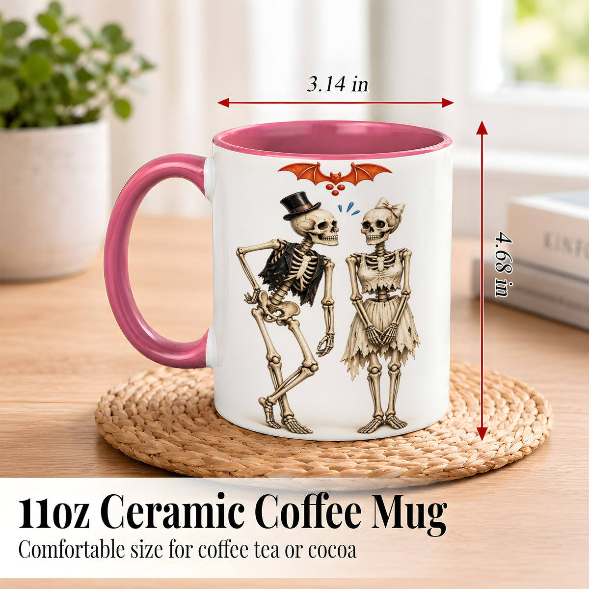 #pl[11oz|Pink] Skeleton Couple Coffee Mug, Gothic Romance Mug, Ceramic Cup
