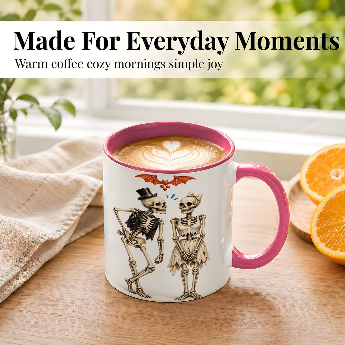 #pl[11oz|Pink] Skeleton Couple Coffee Mug, Gothic Romance Mug, Ceramic Cup