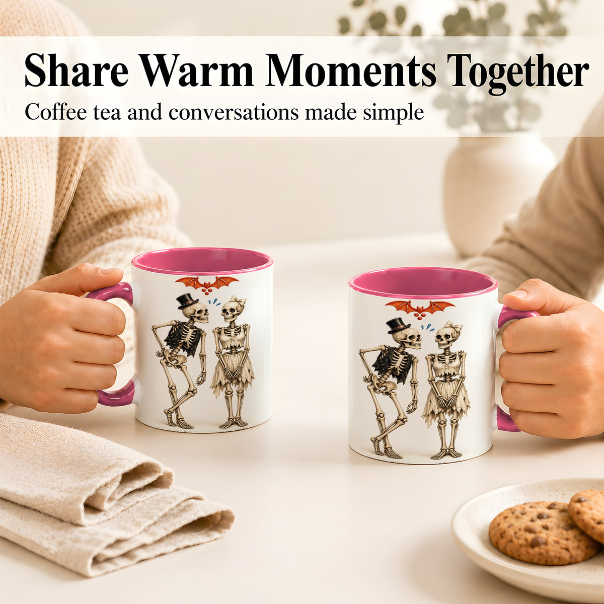 #pl[11oz|Pink] Skeleton Couple Coffee Mug, Gothic Romance Mug, Ceramic Cup