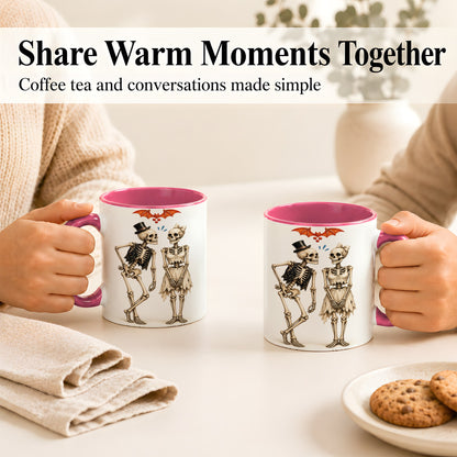#pl[11oz|Pink] Skeleton Couple Coffee Mug, Gothic Romance Mug, Ceramic Cup