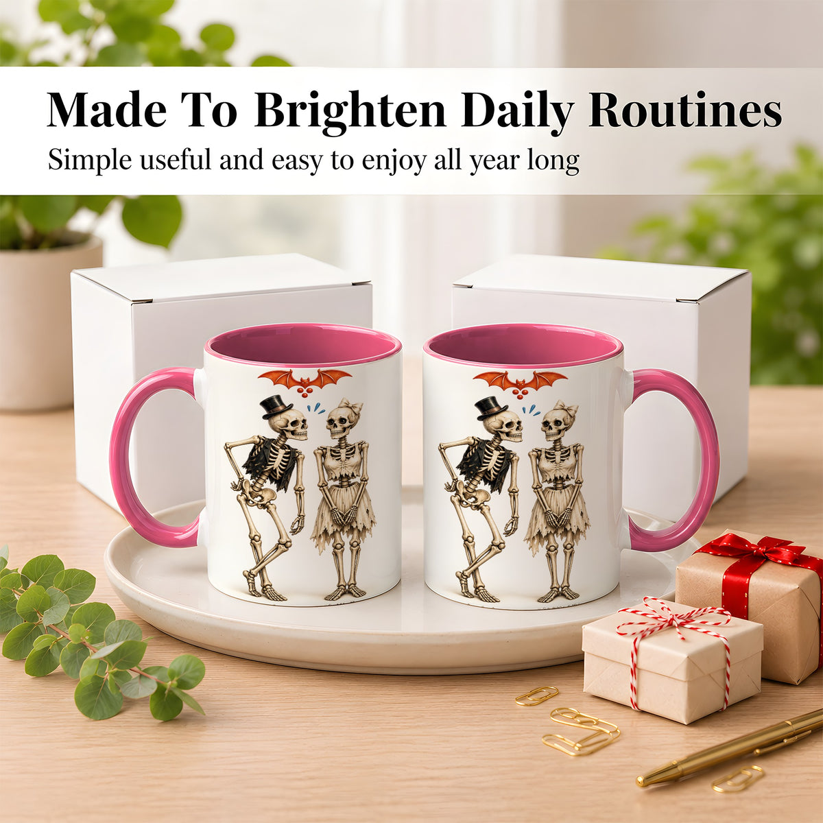 #pl[11oz|Pink] Skeleton Couple Coffee Mug, Gothic Romance Mug, Ceramic Cup