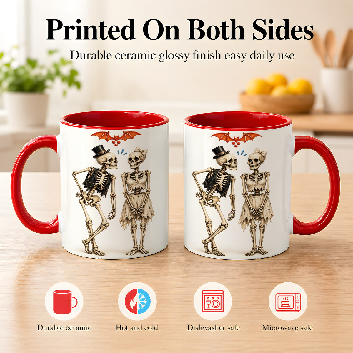 #pl[11oz|Red] Skeleton Couple Coffee Mug, Gothic Romance Mug, Ceramic Cup
