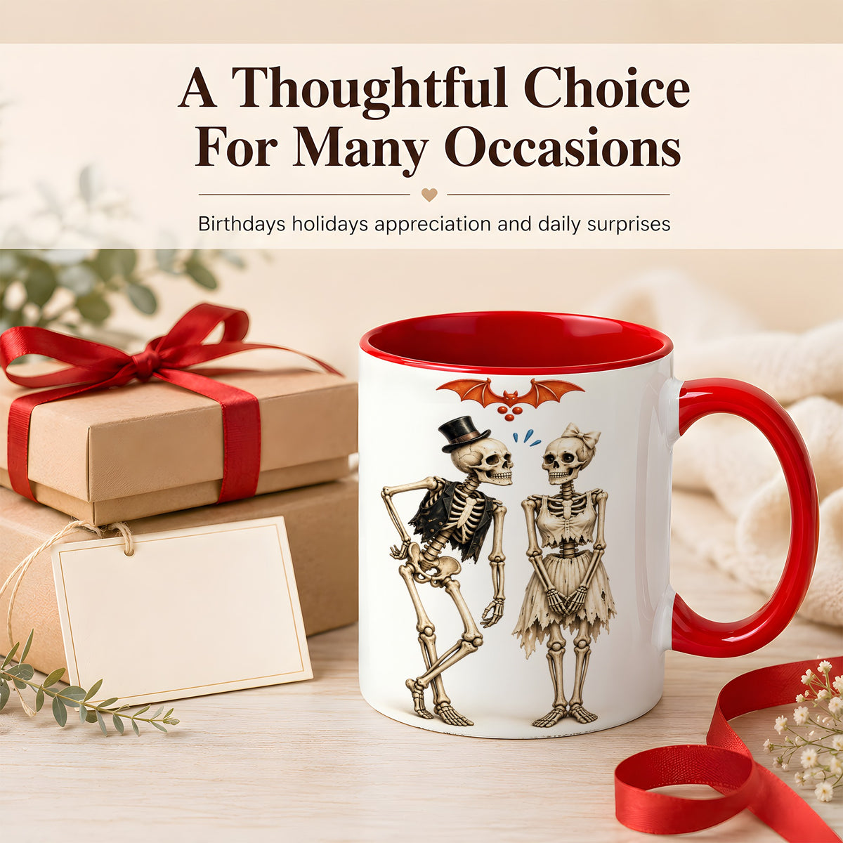 #pl[11oz|Red] Skeleton Couple Coffee Mug, Gothic Romance Mug, Ceramic Cup