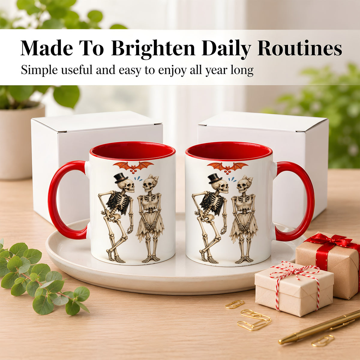 #pl[11oz|Red] Skeleton Couple Coffee Mug, Gothic Romance Mug, Ceramic Cup