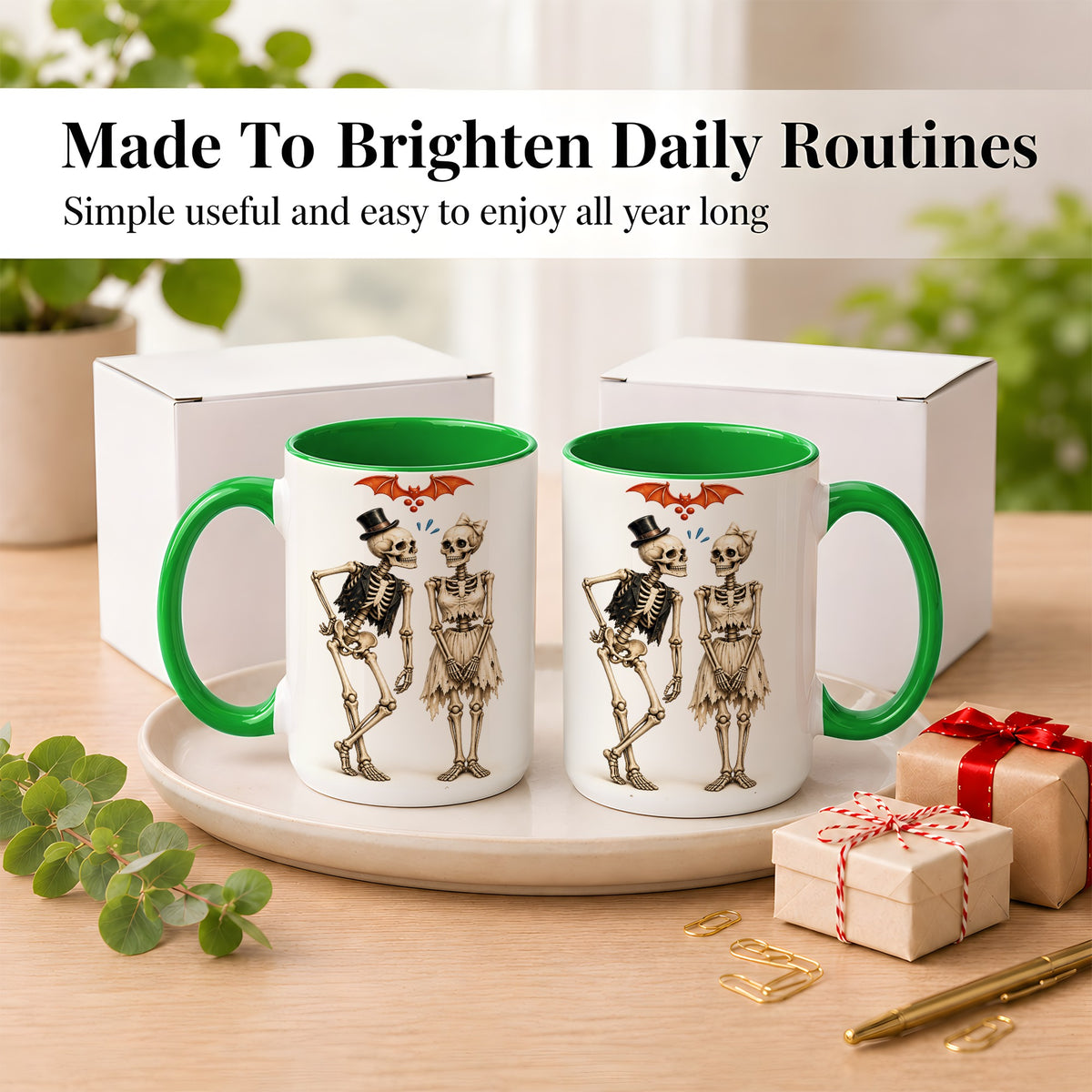 #pl[15oz|Green] Skeleton Couple Coffee Mug, Gothic Romance Mug, Ceramic Cup