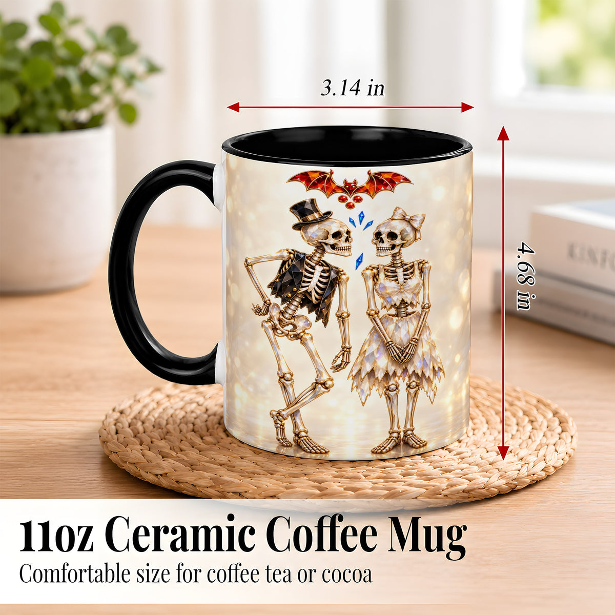 #pl[11oz|Black] Glowing Skeleton Couple Coffee Mug, Gothic Romance Mug, Ceramic Cup