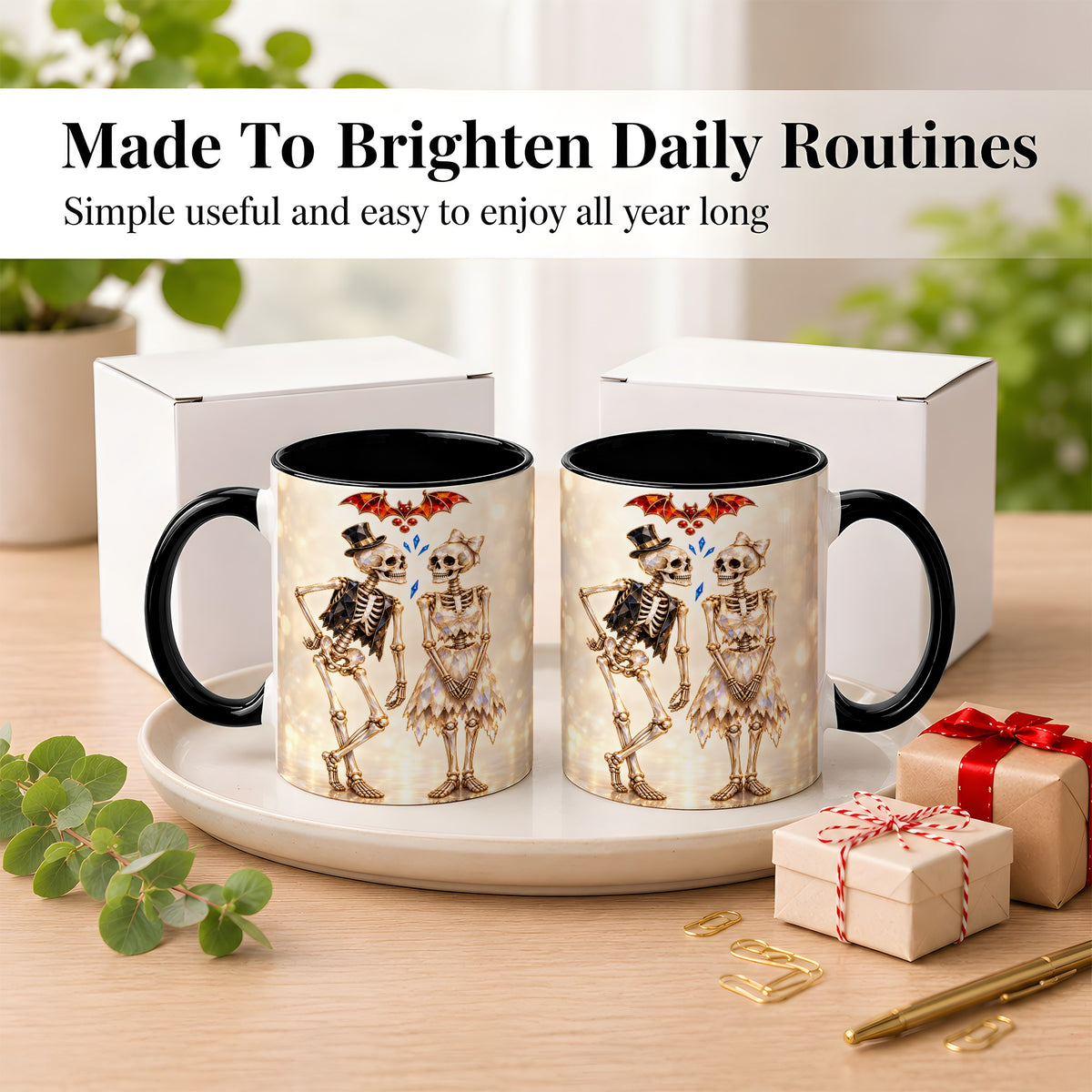 #pl[11oz|Black] Glowing Skeleton Couple Coffee Mug, Gothic Romance Mug, Ceramic Cup