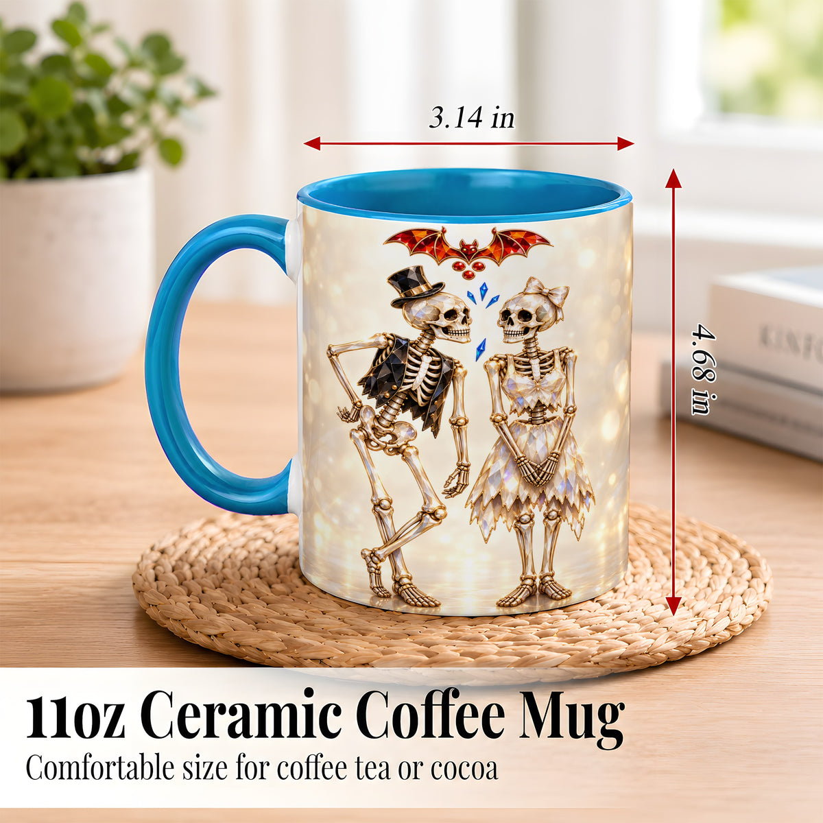#pl[11oz|Blue] Glowing Skeleton Couple Coffee Mug, Gothic Romance Mug, Ceramic Cup