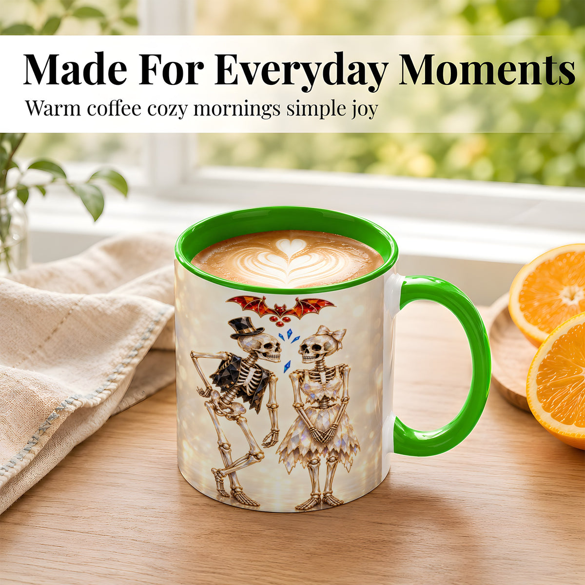 #pl[11oz|Green] Glowing Skeleton Couple Coffee Mug, Gothic Romance Mug, Ceramic Cup