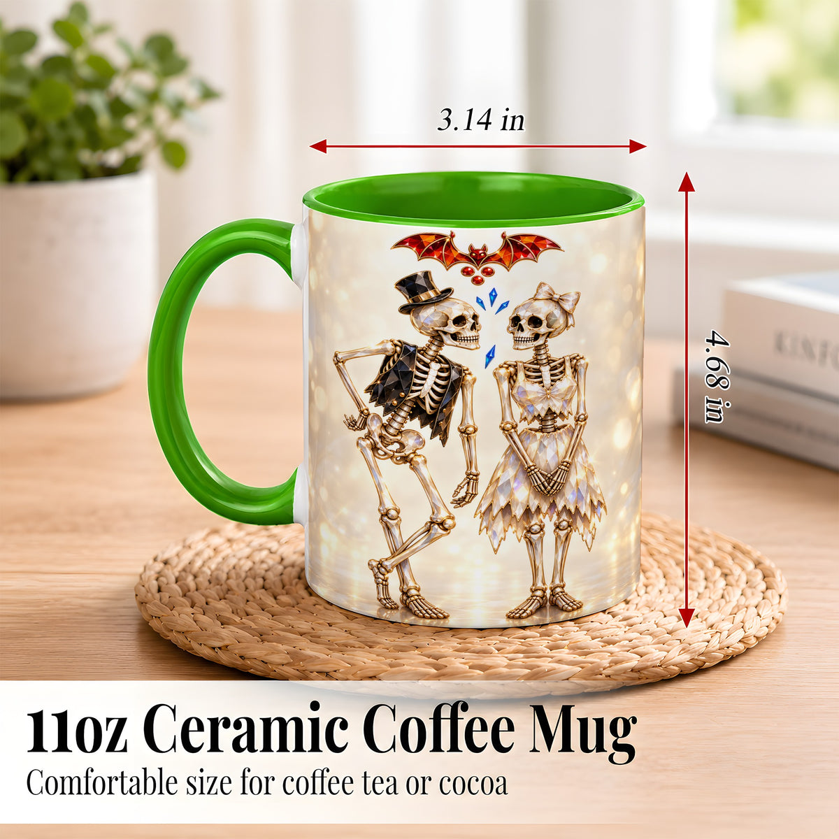 #pl[11oz|Green] Glowing Skeleton Couple Coffee Mug, Gothic Romance Mug, Ceramic Cup