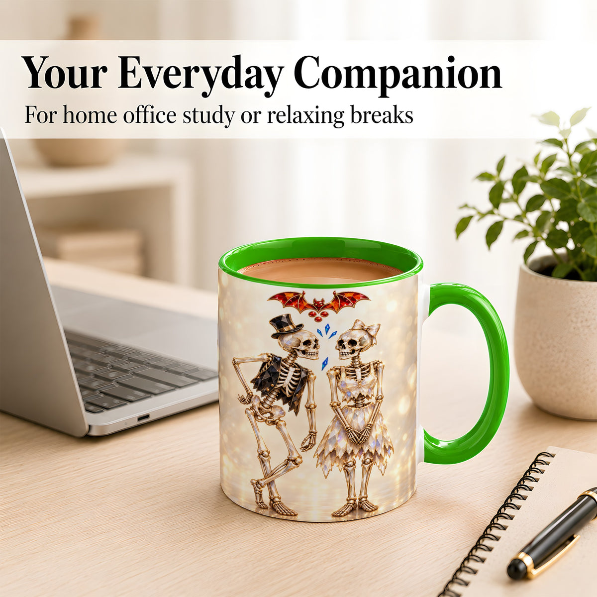 #pl[11oz|Green] Glowing Skeleton Couple Coffee Mug, Gothic Romance Mug, Ceramic Cup