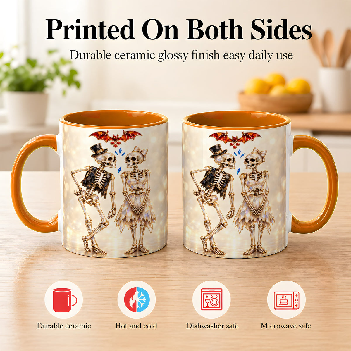 #pl[11oz|Orange] Glowing Skeleton Couple Coffee Mug, Gothic Romance Mug, Ceramic Cup
