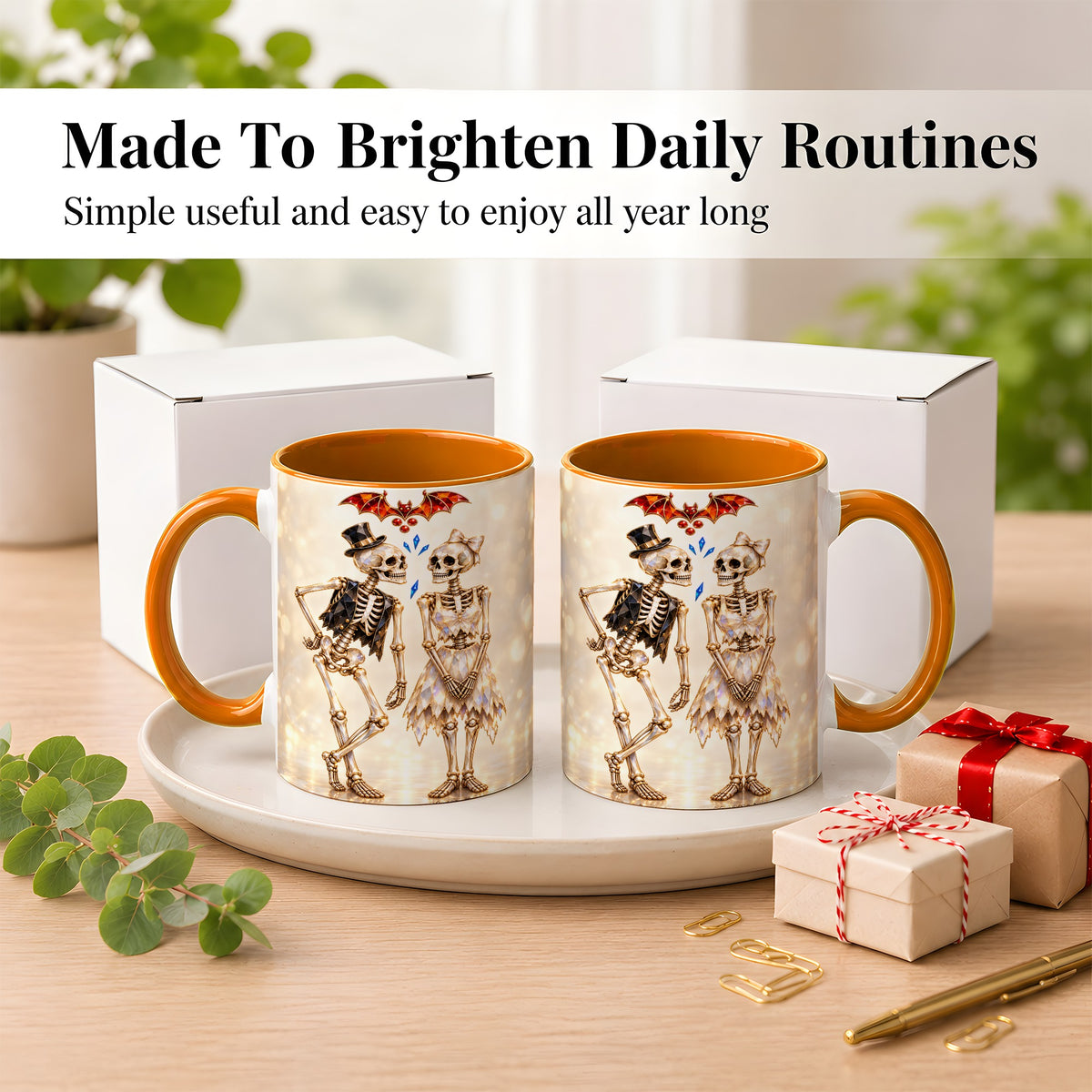 #pl[11oz|Orange] Glowing Skeleton Couple Coffee Mug, Gothic Romance Mug, Ceramic Cup